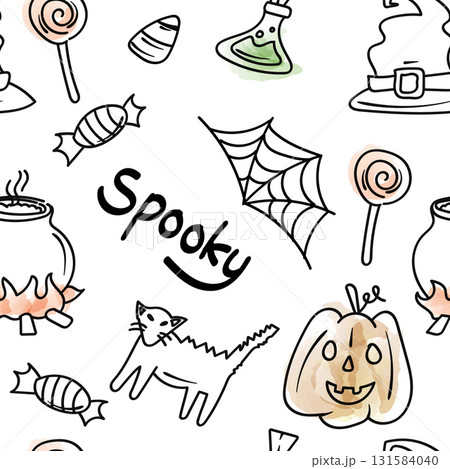 Seamless Pattern Doodle Cute Halloween Elements Line Color with Text Spooky Watercolor Effect.Vector Illustration 131584040