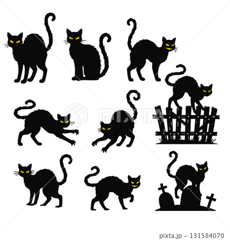 Black Cat Scary Silhouette Collection. Spooky Halloween Animal Icons Vector Set. 131584070