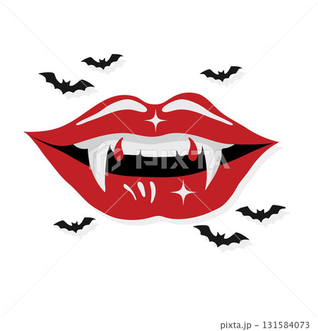 Illustration Lips Dracula Vampire Fangs. Spooky Halloween Bats and Blood Vector Image. 131584073