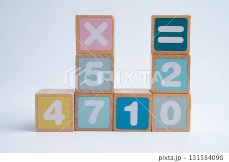 Number wood block cubes for learning Mathematic, education math. 131584098