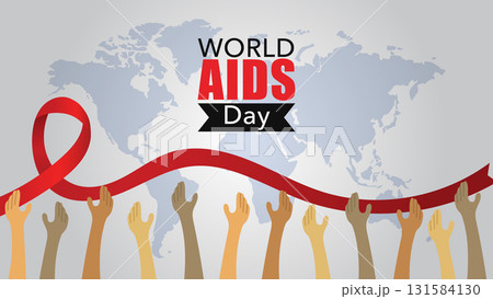 World AIDS Day banner with diverse hands holding red ribbon on world map background. Vector illustration World AIDS Day banner with diverse hands holding red ribbon on world map background. Vector illustration 131584130