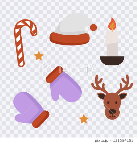 Christmas Elements Flat Design Collection Set with Santa Hat Reindeer and Candy Cane.Vector Illustration Christmas Elements Flat Design Collection Set with Santa Hat Reindeer and Candy Cane.Vector Illustration 131584183