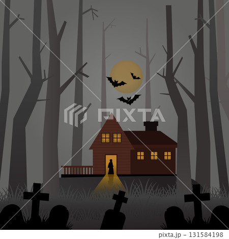 Scary Wooden House in the Forest Scene. Ghost Figure, Foggy Trees, Tombstones, and Moon Illustration. Scary Wooden House in the Forest Scene. Ghost Figure, Foggy Trees, Tombstones, and Moon Illustration. 131584198
