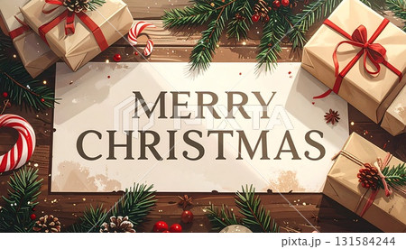 太字「Merry Christmas」文字 ギフトやキャンディ、冬の装飾が並ぶテーブル上 131584244