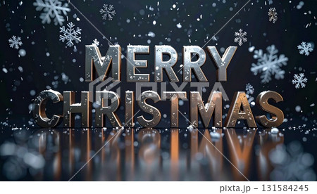 3Dメタリック「Merry Christmas」文字 ゆっくり舞う雪片と反射する暗背景 131584245