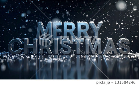 3Dメタリック「Merry Christmas」文字 ゆっくり舞う雪片と反射する暗背景 131584246