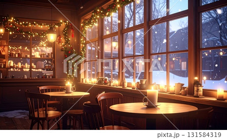 クリスマス装飾のコージーカフェ 内装と雪景色の窓 131584319
