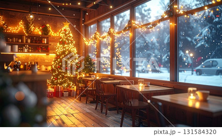 クリスマス装飾のコージーカフェ 内装と雪景色の窓 131584320