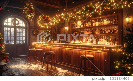 祝祭的なバー内装 黄金のフェアリーライトとクリスマスリース 131584405