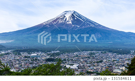 Scenic view of Mount Fuji with Fujiyoshida City in springtime 131584611
