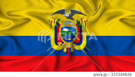 Realistic Ecuador flag waving. Close up of flag of Ecuador with cloth texture Realistic Ecuador flag waving. Close up of flag of Ecuador with cloth texture 131584626