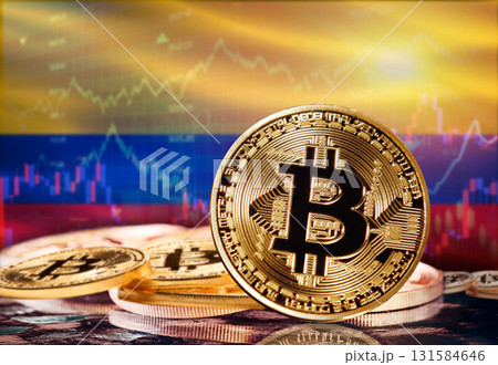 Bitcoin with Colombia flag in the background. Investors in cryptocurrency and Blockchain Technology in Colombia, Concept Bitcoin with Colombia flag in the background. Investors in cryptocurrency and Blockchain Technology in Colombia, Concept 131584646