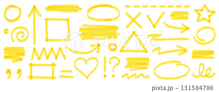 Highlight marker pen element set. Yellow color marker and brush stroke with highlight underline, check arrow and round circle. Doodle texture sketch shapes in school art style. Vector Highlight marker pen element set. Yellow color marker and brush stroke with highlight underline, check arrow and round circle. Doodle texture sketch shapes in school art style. Vector 131584786