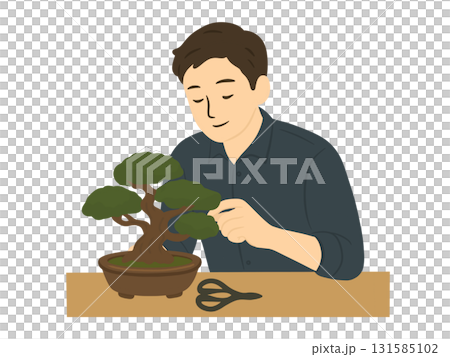 一名男子修剪盆景盆的插圖 一名男子修剪盆景盆的插圖 131585102