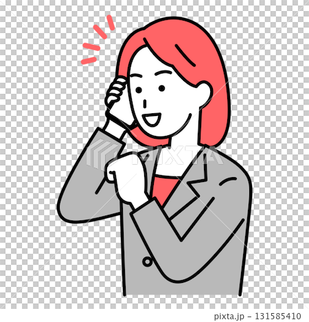 A woman in a suit who is happy talking on a smartphone 131585410