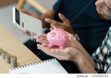 Couple analyzing savings with a piggy bank and calculator, planning for their financial future. Couple analyzing savings with a piggy bank and calculator, planning for their financial future. 131585751