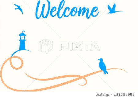 Blue sea Welcome Invitation with lighthouse and birds Blue sea Welcome Invitation with lighthouse and birds 131585995