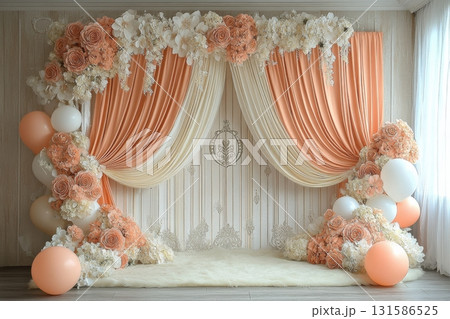 Bright floral backdrop for indoor venue photography celebrating elegant events 131586525