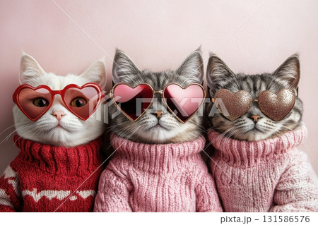 Whimsical close-up of cute cats in heart-shaped sunglasses fun indoor pet photography 131586576