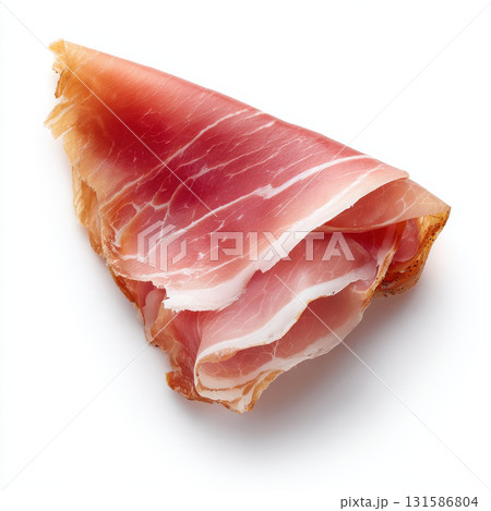 Prosciutto slice cured meat Italian ham isolated on white background realistic lighting savory gourmet thinly sliced delicacy appetizing fresh Prosciutto slice cured meat Italian ham isolated on white background realistic lighting savory gourmet thinly sliced delicacy appetizing fresh 131586804