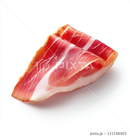 Prosciutto slice cured meat pork isolated white background realistic lighting Savory prosciutto slice with marbled fat cured pork meat isolated white background realistic lighting appetizing Prosciutto slice cured meat pork isolated white background realistic lighting Savory prosciutto slice with marbled fat cured pork meat isolated white background realistic lighting appetizing 131586805