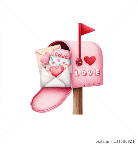 Watercolor valentine mailbox with love letters and heart decorations creates romantic and cheerful mood perfect for greeting card or festive celebration design 131586821