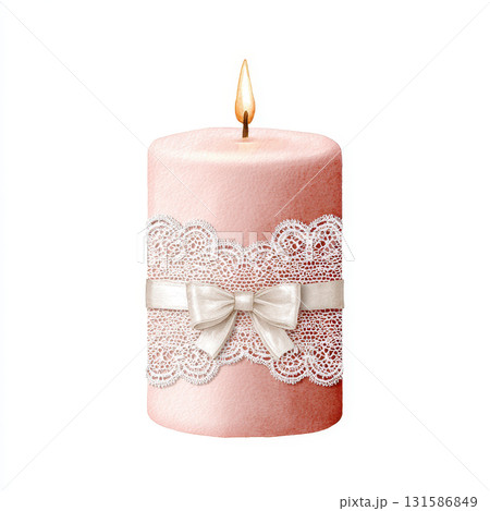 Watercolor valentine candle with delicate lace ribbon and bow, soft pink color, romantic and elegant decoration for celebration or gift, warm gentle flame, isolated on white background 131586849