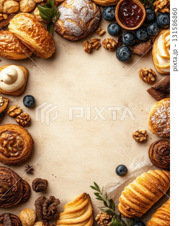 Delectable pastries and desserts arrangement bakery food photography warm lighting aesthetic focus 131586860