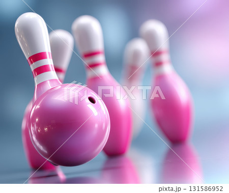 Pink bowling ball sport equipment with matching pink bowling pins on shiny surface, creating playful and energetic atmosphere for indoor recreation and competition Pink bowling ball sport equipment with matching pink bowling pins on shiny surface, creating playful and energetic atmosphere for indoor recreation and competition 131586952