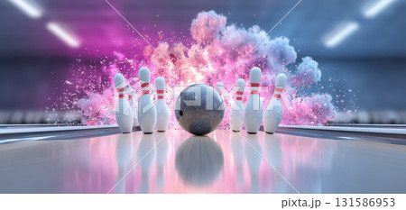 Bowling sport scene with black bowling ball striking white pins on wooden lane, vibrant pink explosion in background, dynamic action, indoor recreation, competitive and energetic atmosphere 131586953