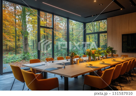 Business meeting space modern retreat conference room forest view professional environment 131587010