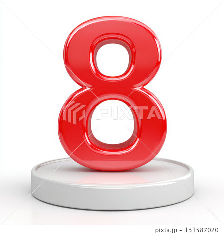 Glossy red number eight stands on round white podium, reflecting light with modern and clean style, creating vibrant and energetic visual impression 131587020