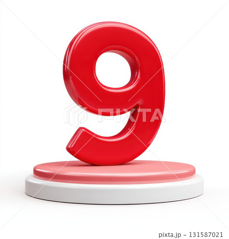 Glossy red number nine stands on round podium, modern minimal style, isolated on white background, playful and bold design for celebration or education 131587021