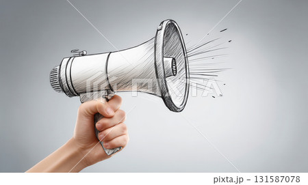 Hand holding sketch style megaphone with sound lines on gray background, concept of announcement, communication, alert, and spreading information with energetic expression 131587078