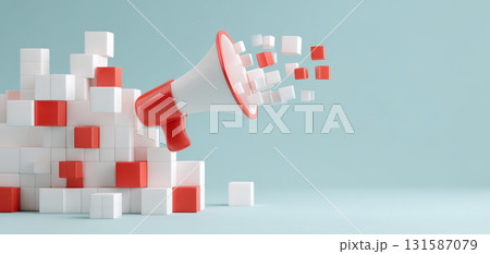 Red and white megaphone with cubes flying out, symbolizing communication, announcement, and spreading information in creative and modern style on blue background Red and white megaphone with cubes flying out, symbolizing communication, announcement, and spreading information in creative and modern style on blue background 131587079