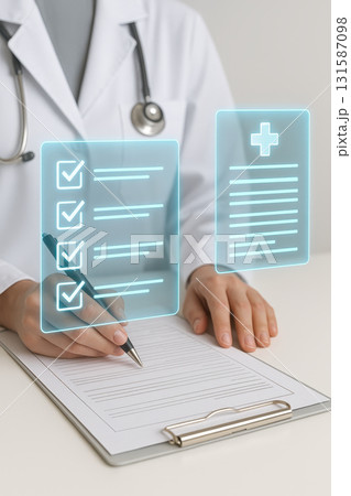Ai driven health interface concept with doctor filling medical form on clipboard futuristic checklist and digital health record icons 131587098