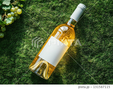 Elegant white wine bottle on lush green grass nature still life outdoor serenity 131587115