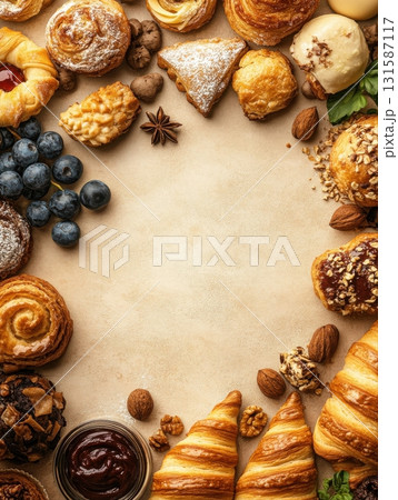 Culinary delight bakery pastry and dessert spread in a cozy top view atmosphere 131587117