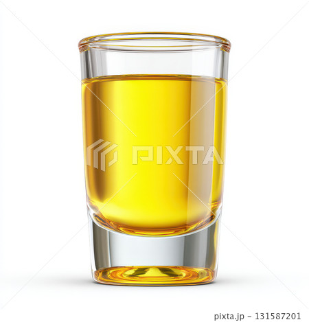 Shot glass of olive oil with golden hue clear glass isolated on white background healthy ingredient Mediterranean cuisine fresh vibrant reflective surface closeup 131587201