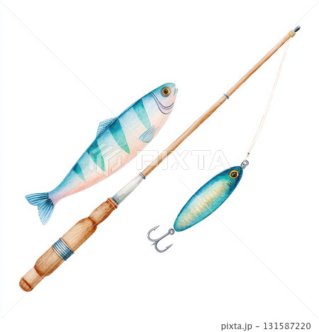 Watercolor fishing rod, lure, and fish illustration showing camping activity, outdoor adventure, and recreational angling with wooden handle and realistic details 131587220
