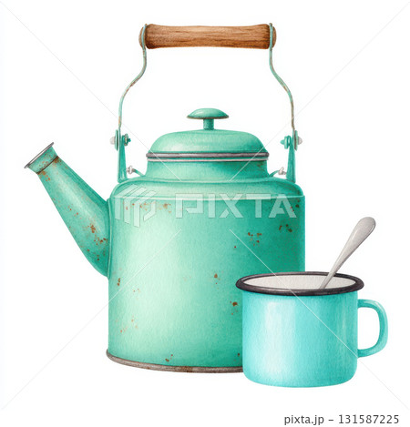Vintage turquoise kettle with wooden handle and enamel cup with metal spoon, rustic camping style, isolated on white background, evokes nostalgia and warmth 131587225