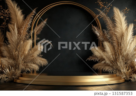 Elegant golden arch display with pampas grass modern event space luxurious setting artistic view 131587353