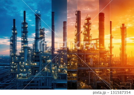 Industrial transformation at dusk oil refinery photography urban setting wide angle energy evolution 131587354