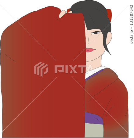 袖で片目を隠す赤い振袖の女性 袖で片目を隠す赤い振袖の女性 131587642