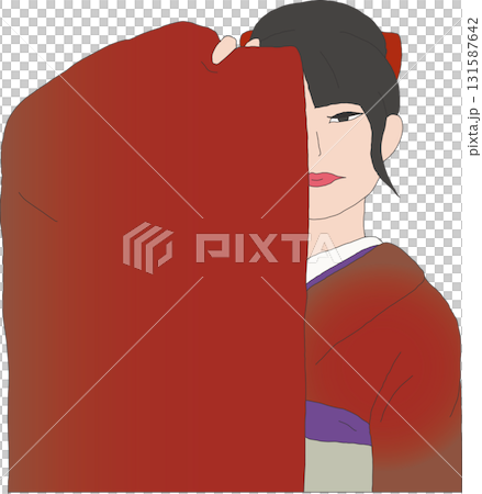 袖で片目を隠す赤い振袖の女性 袖で片目を隠す赤い振袖の女性 131587642