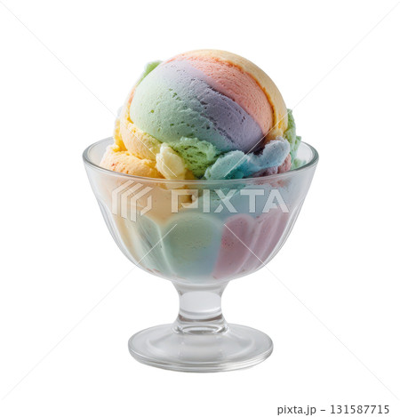 Rainbow ice cream scoop in elegant glass cup dessert bowl with colorful swirl texture 131587715