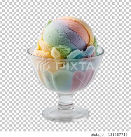 Rainbow ice cream scoop in elegant glass cup dessert bowl with colorful swirl texture 131587715