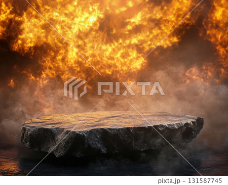 Dramatic stone podium background with fiery explosion and intense smoke. 131587745