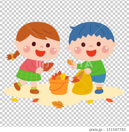 Illustration of children picking up fallen leaves 131587783