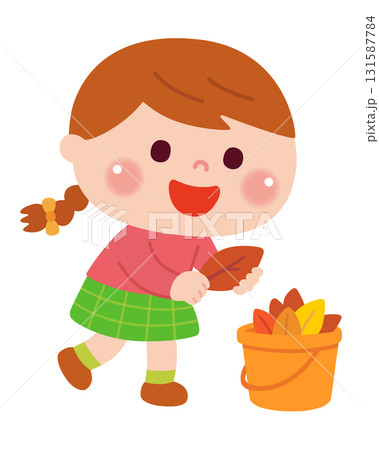 落ち葉拾いをする女の子のイラスト 落ち葉拾いをする女の子のイラスト 131587784